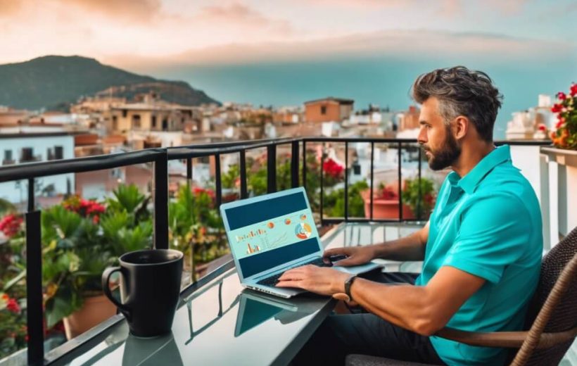 Mann am PC auf dem Balkon prüft SEO Statistik